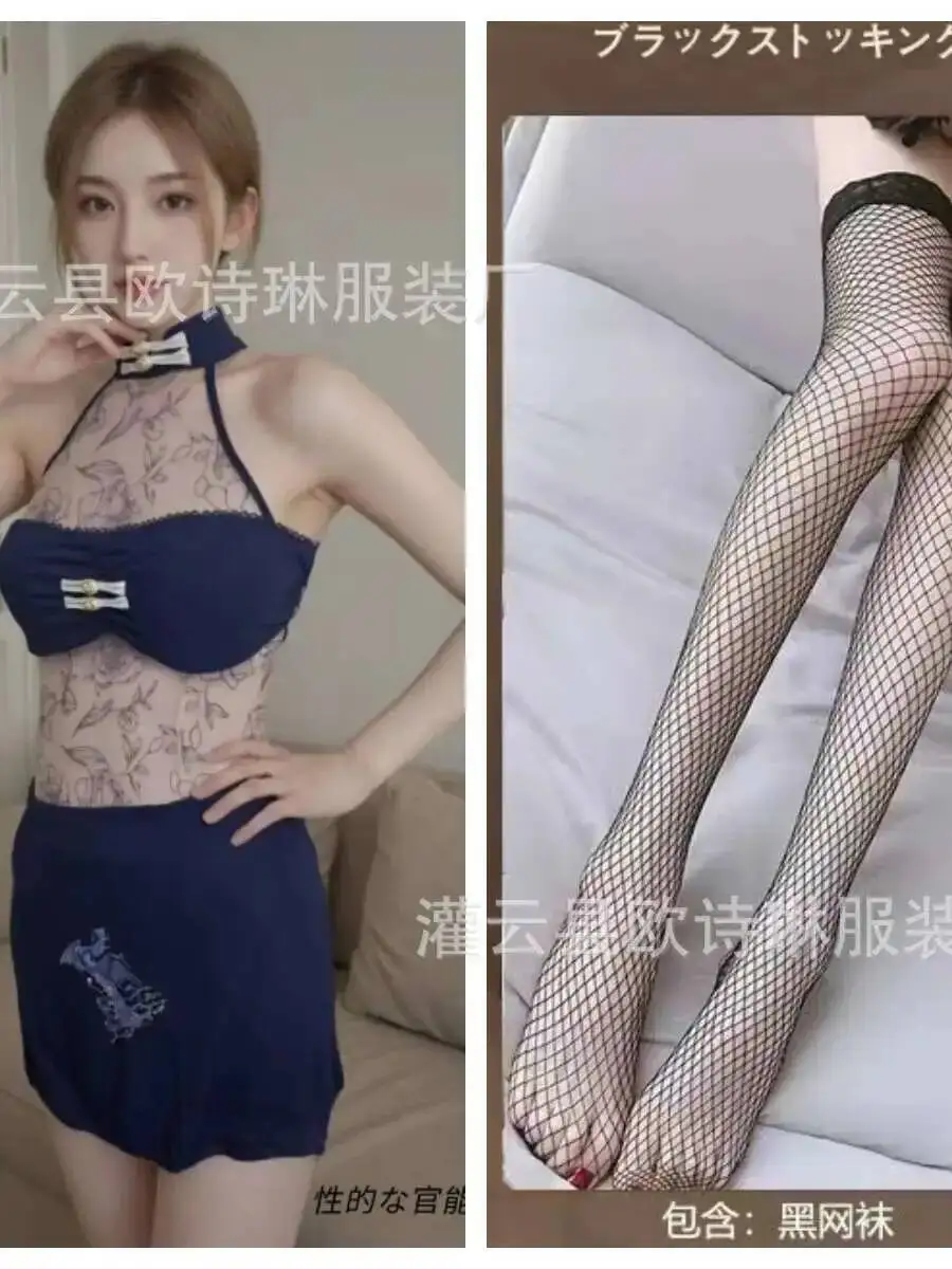 Seksowna Nowa Sukienka Cheongsam Przezroczysta Seksowna Siateczka Wysoki Stan Rozcięcie Niebieska Krótka Sukienka Elegancka Siateczka Koronka Przezroczysta Gorąca Seksowna Koreańska Damska Mini Sukienka 4SY