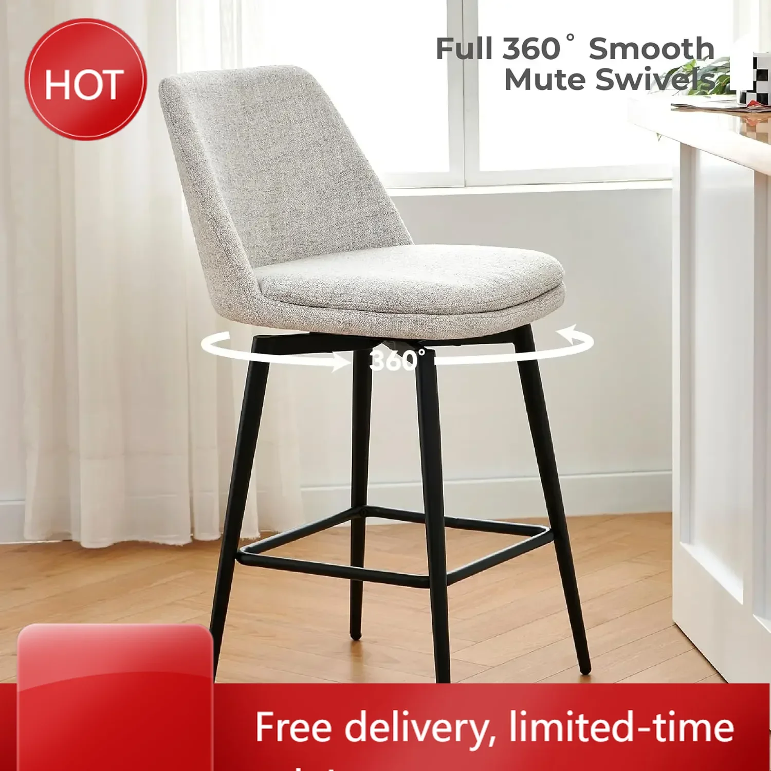 

Time-limited[Best Seller!]Counter Height Swivel Barstools, FSC Certified Upholstered Fabric Bar Stools Set of 2, Metal Base, 27.