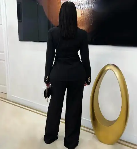 가을 여성용 맞춤형 슈트, 패션 메탈 장식 싱글 버튼 슬림핏 수트 상의와 하이웨이스트 와이드 레그 팬츠 세트