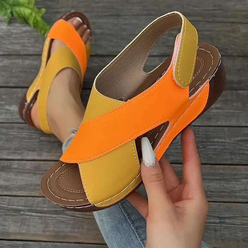 Women Contrast Color Wedge Sandals Slingback Peep Toe Platform Non Slip Comfort Summer Beach Roman Shoes Wide Fit Hook And Loop