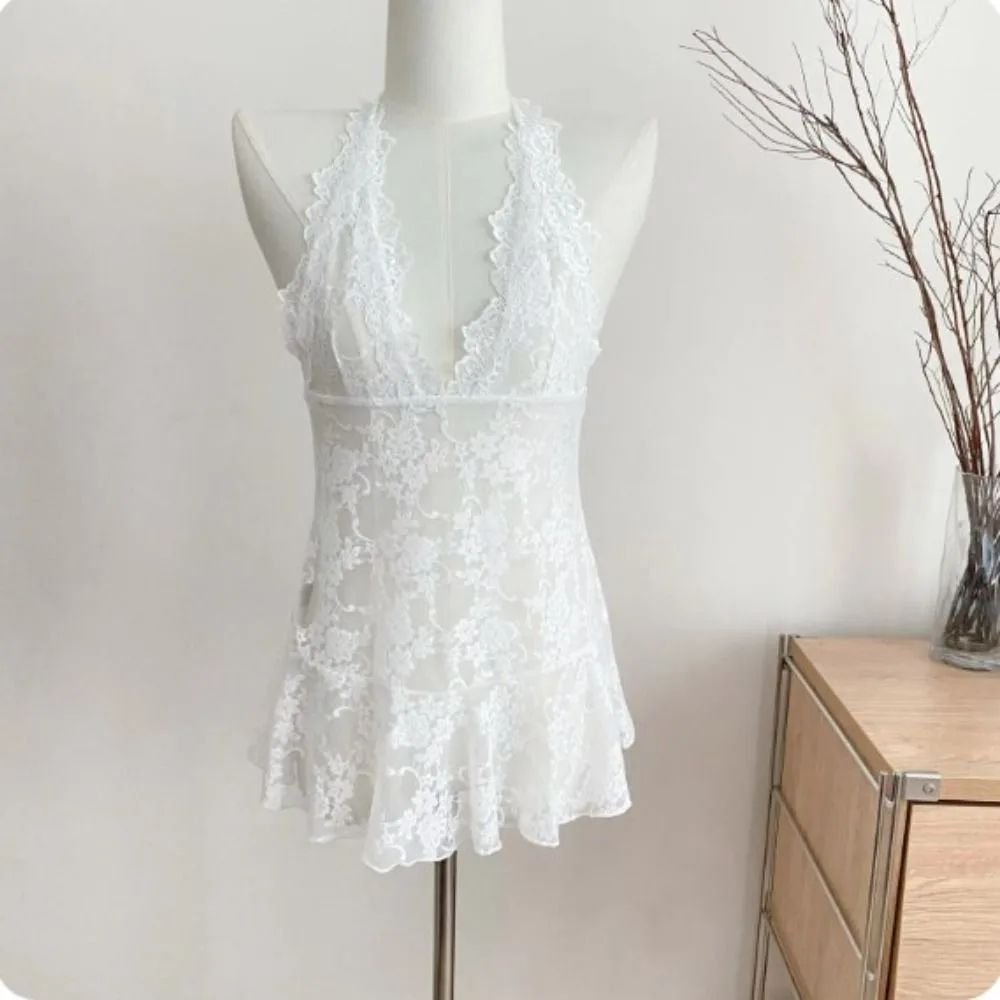 

Elegant Transparent Lace Halter Dress V-neck Beachwear Lace-up Short Skirts A-line Spicy Girl Style Dresses Women For Girls