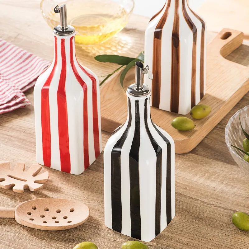 Nordic Hand-painted Striped Ceramic Oil Pot Bottle Kitchen Dining Table Seasoning Soy Sauce Vinegar Bottle Craft Home Decoration