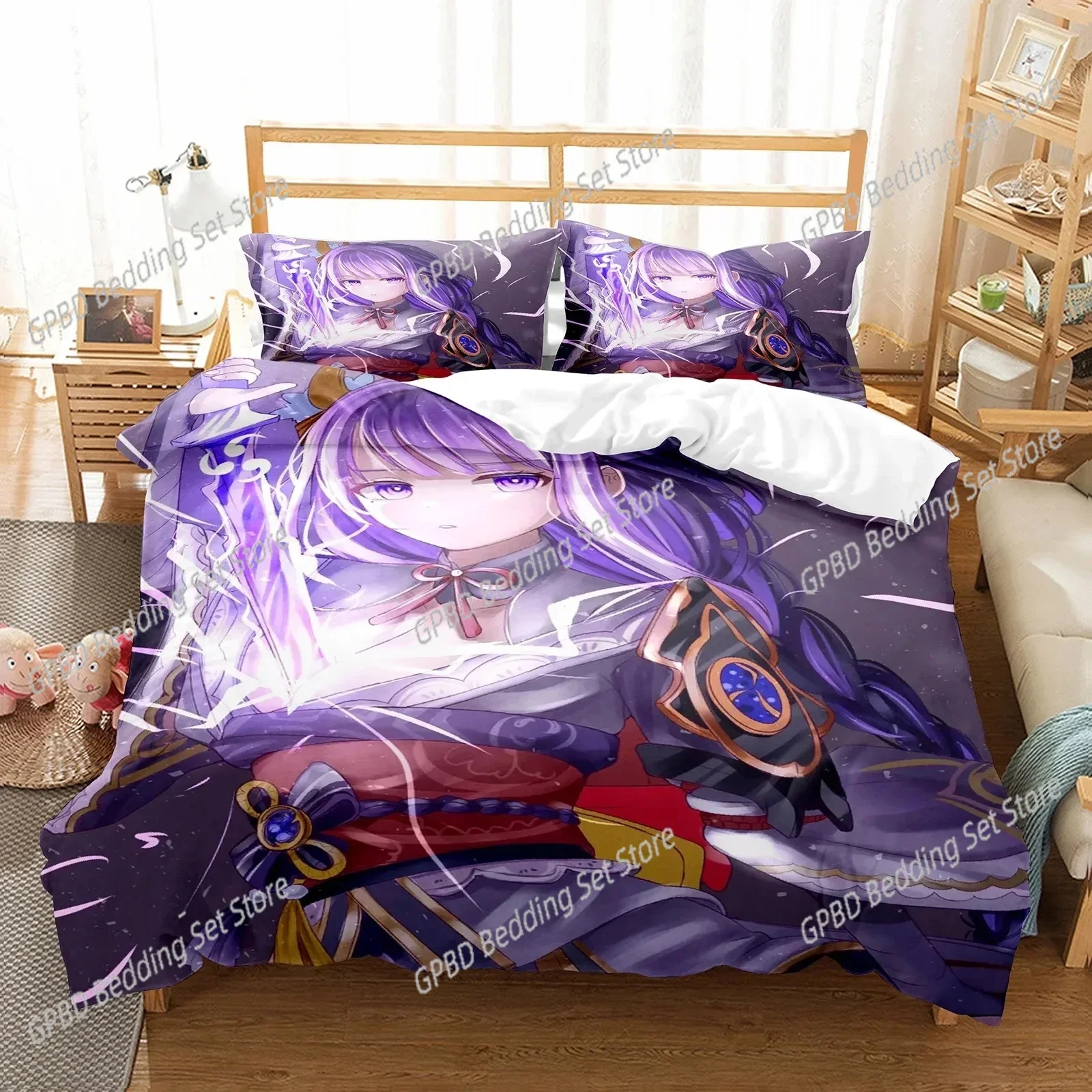 

Genshin Impact Raiden Shogun Bedding Set Single Twin Double Queen King Cal King Size Bed Linen Set