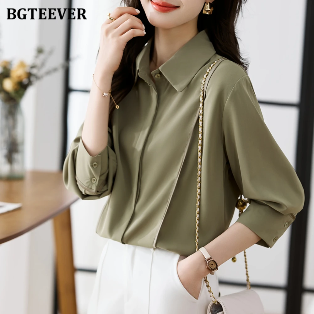 

BGTEEVER Spring Fashion Long Sleeve Loose Female Solid Blouses Elegant Turn-down Collar Ladies Single-breasted Chiffon Shirts