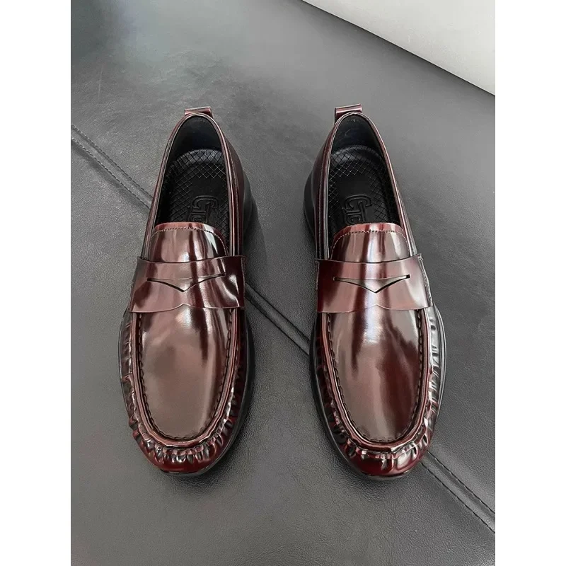 

Thick Soled Glossy Cowhide Bean Shoes Leather Shoes Trendy Men's Genuine Leather Business Leisure Loafers Shoes