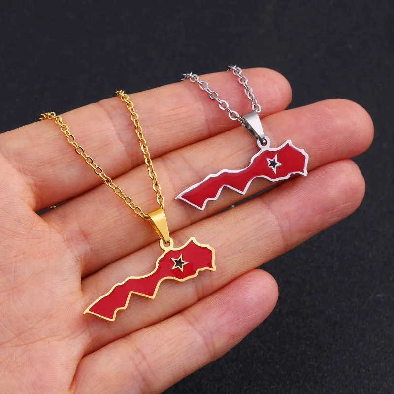 Morocco map pendant stainless steel necklace famous ethnic style female niche design sense of light luxury geometric drip oil je