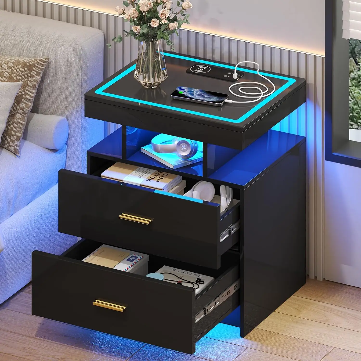 LED Nightstand with Wireless Charging & Motion Sensor, Black, Customized