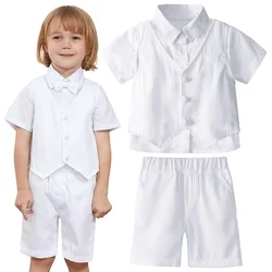 Christening Outfit for A Boy White Wedding Suits Set Baptism Brithday Party Cloting Short Sleeved Shorts Gentleman Costume 3PCS