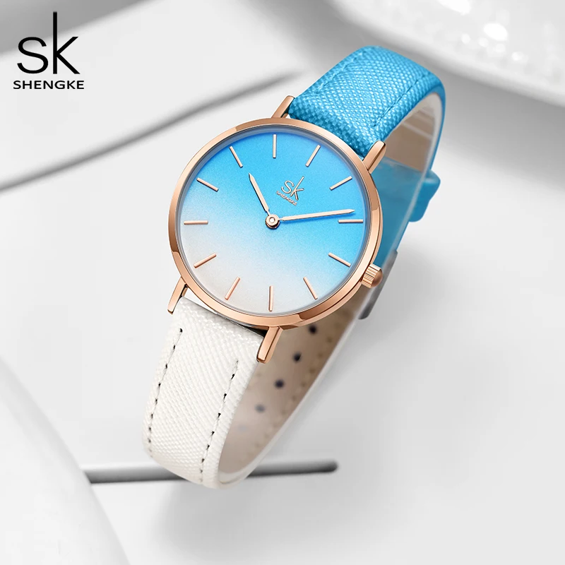 Novo azul shengke design simples japão movimento quartzo relógio à prova dwaterproof água senhoras relógio de pulso pulseira de couro clássico relógios para mulher