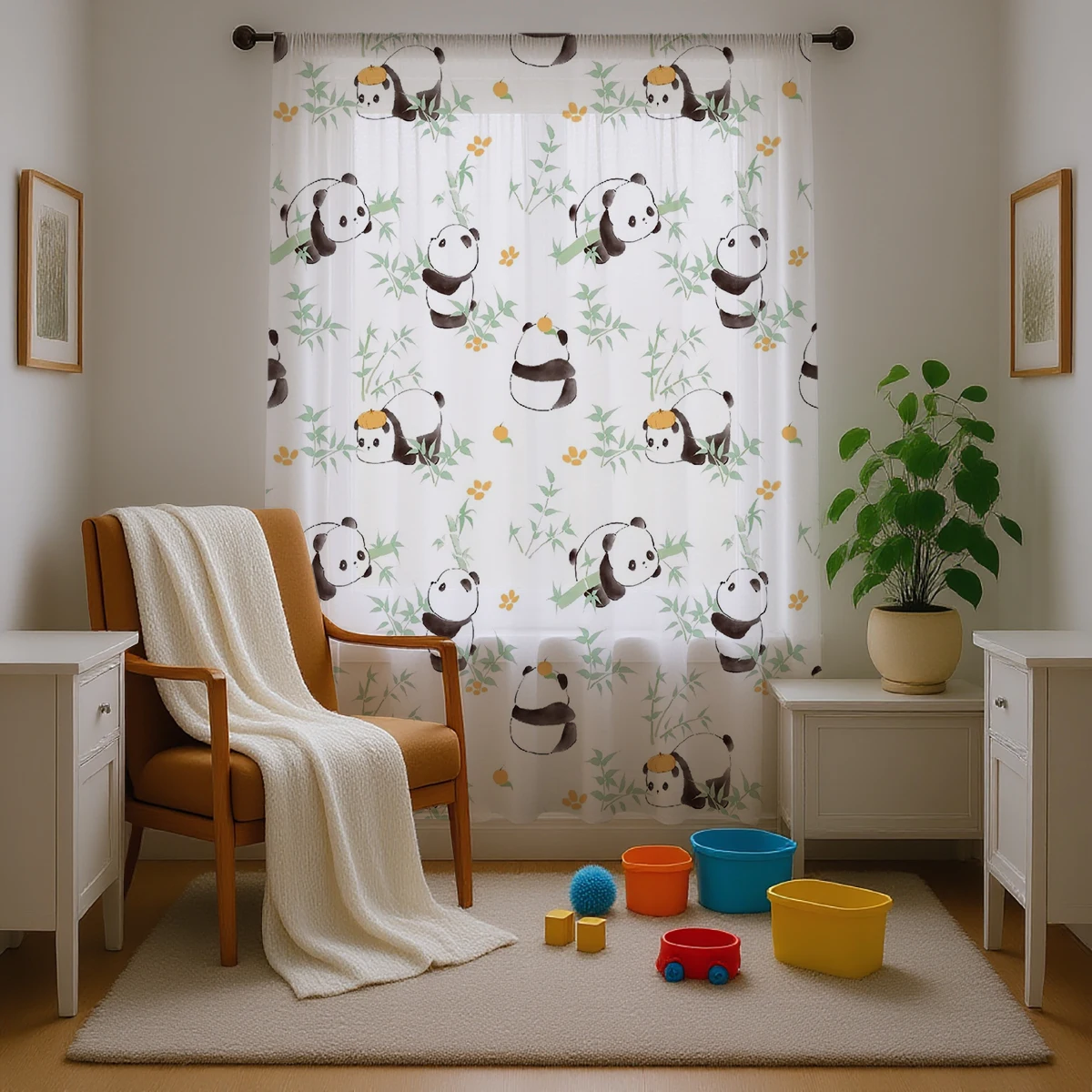 Panda Bamboo Rod Pocket Sheer Curtains for Kids Room, Cute Cartoon Animal Voile Window Curtain for Bedroom Living Room Decor