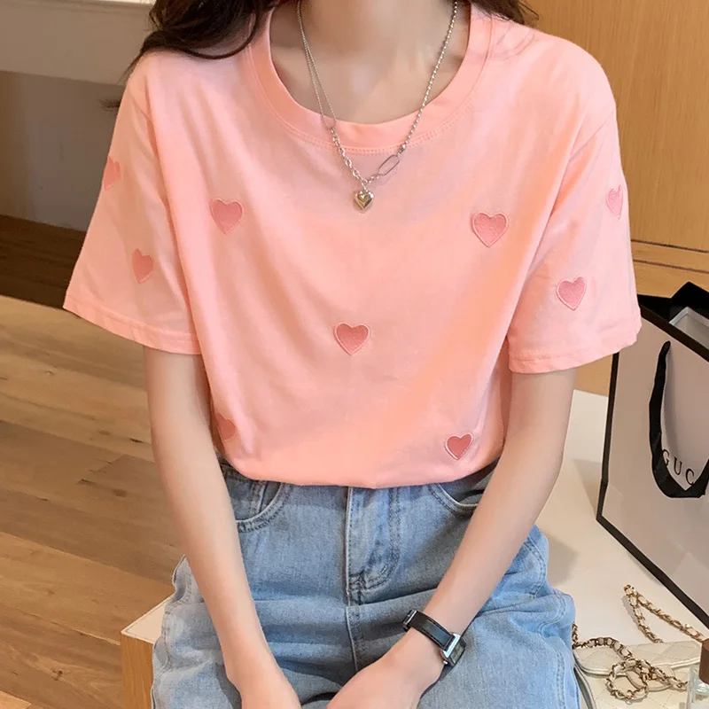

Korean Sle Pure Cotton ort Sve T-irt Women's Summer New Loose Fit oulder Embroidery round Ne Top Casual Wear