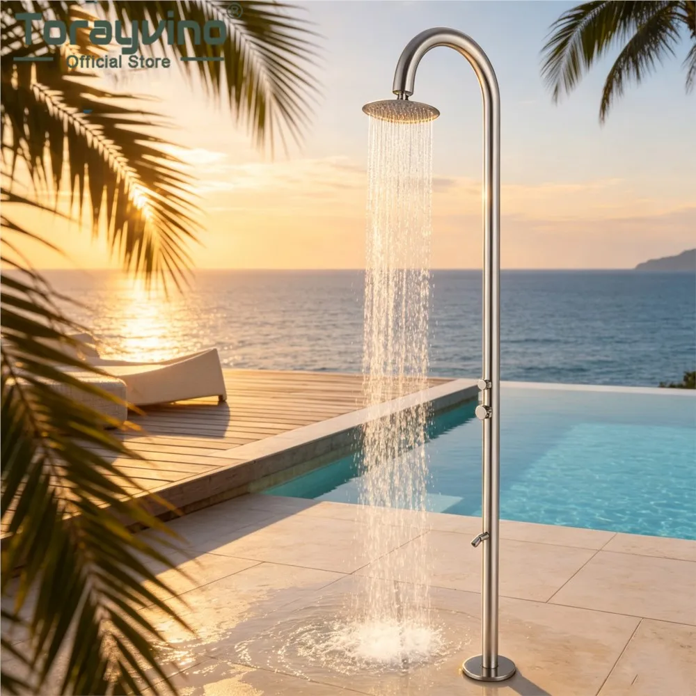 Torayvino Freestanding Outdoor Shower Set 316Stainless Steel Rainfall Shower Column With Handheld Spray Floor Stand Pool Shower