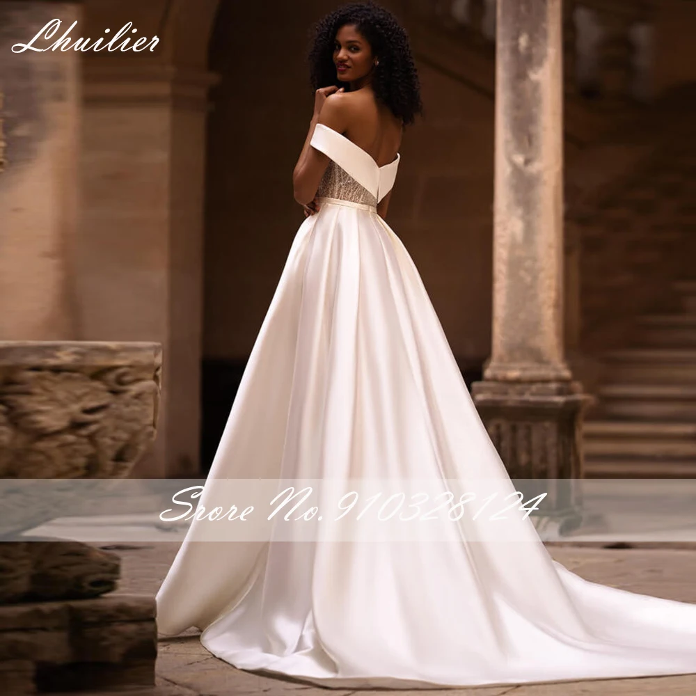 Lhuilier Customized A Line Boat Neck Satin Wedding Dresses Pearls Beaded Bridal Gown with High Slit