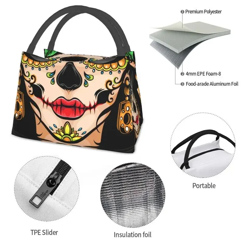 Sugar Skull Mexican Thermal Insulated Lunch Bags Day Of The Dead Portable Lunch Container for Outdoor Camping Meal Food Box