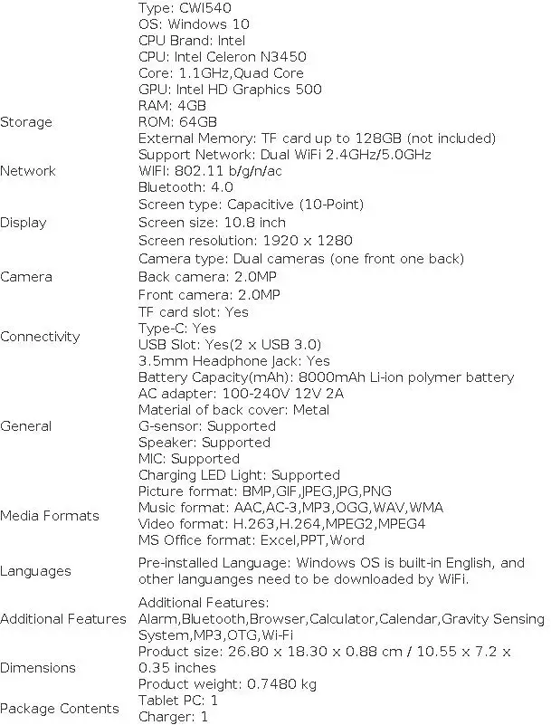 CWI540 Tablet 10.8" Windows 10 Intel Celeron N3450 4GB RAM 64GB ROM 1920 *1280 IPS Screen 2*USB 3.0 Port