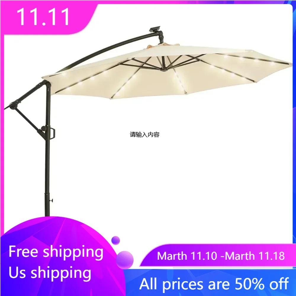 

Beige Parasol Fixing 10FT Solar Patio Offset Umbrella Outdoor Cantilever Umbrella Hanging Umbrellas With Weighted Base Sunshade