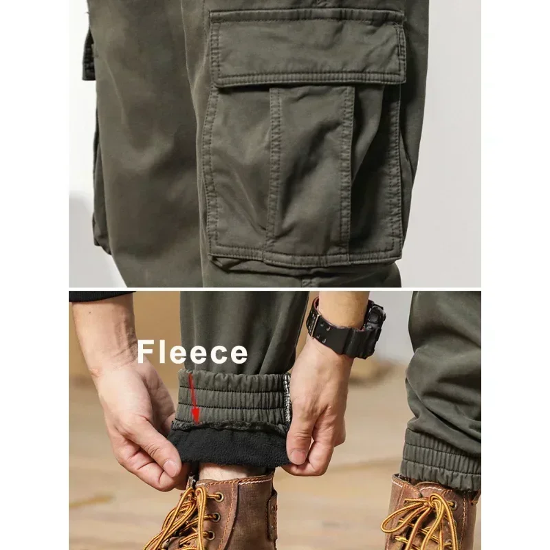 New Multi-Pockets Winter Cargo Pants Men Fleece Liner Thick Warm Slim Fit Joggers Streetwear Casual Cotton Thermal Trousers