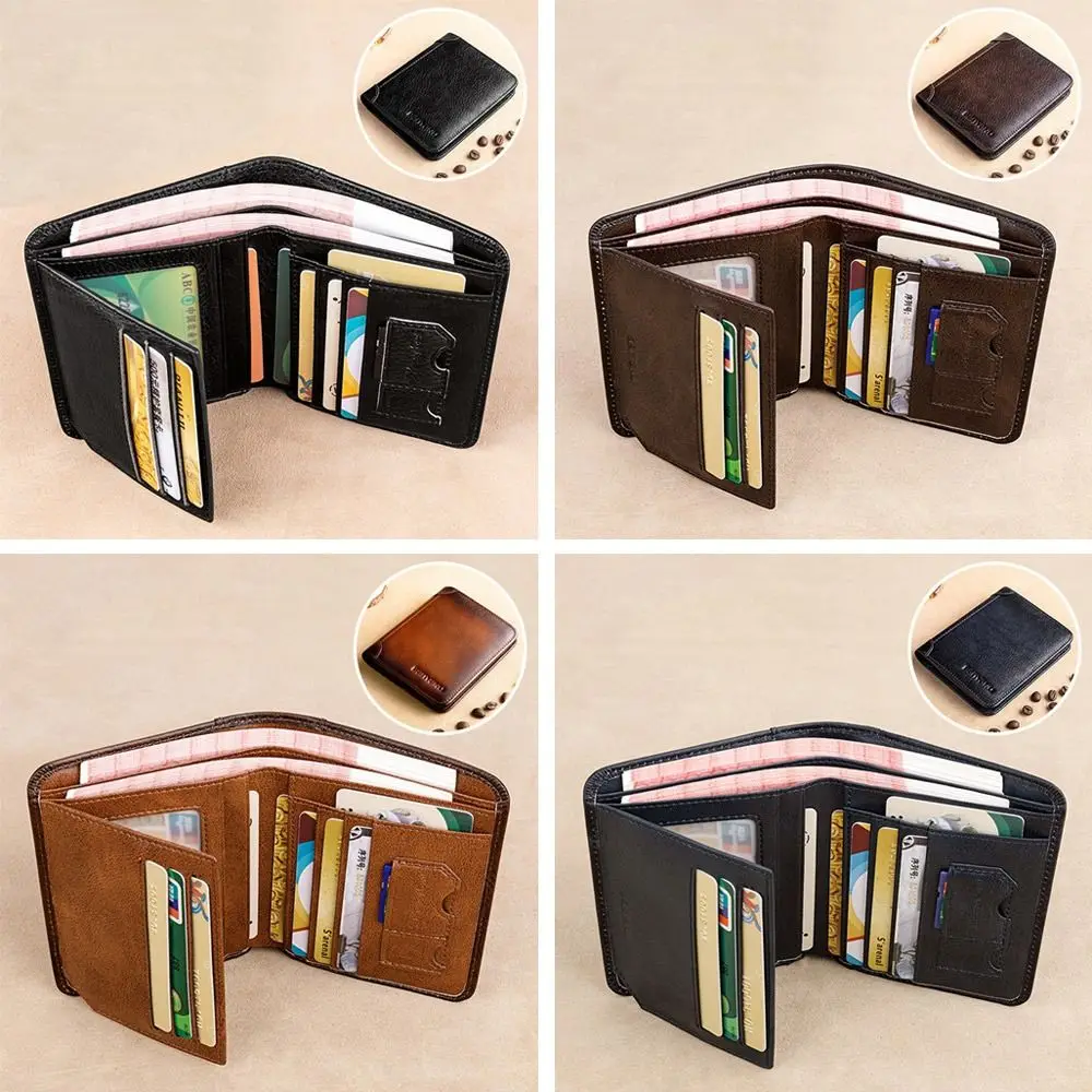 Genuine Leather Men's Trifold Wallets Protection Wallets Short Men Vintage Thin Wallets Multi Function ID Credit Card Holder