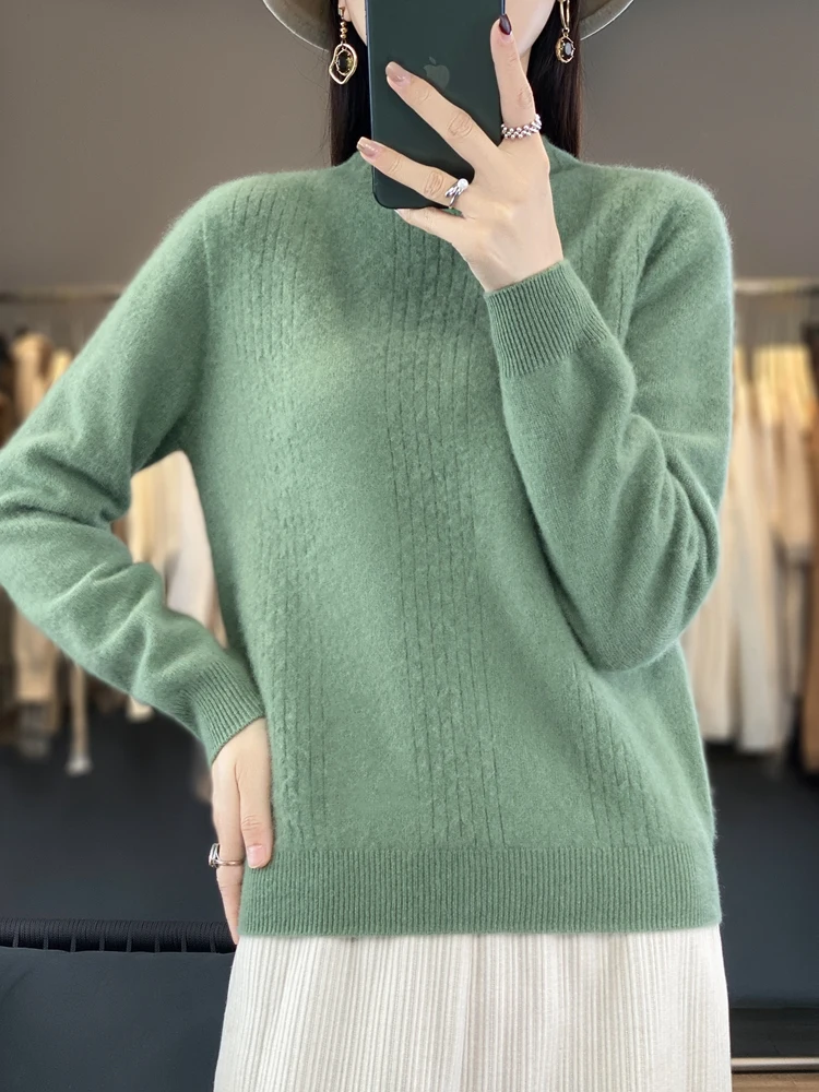 

ADDONEE Spring and Autumn Women's Half High Neck Lace Wool Sweater Long Sleeved Pullover 100% Merino Wool Knitted Women's Wear