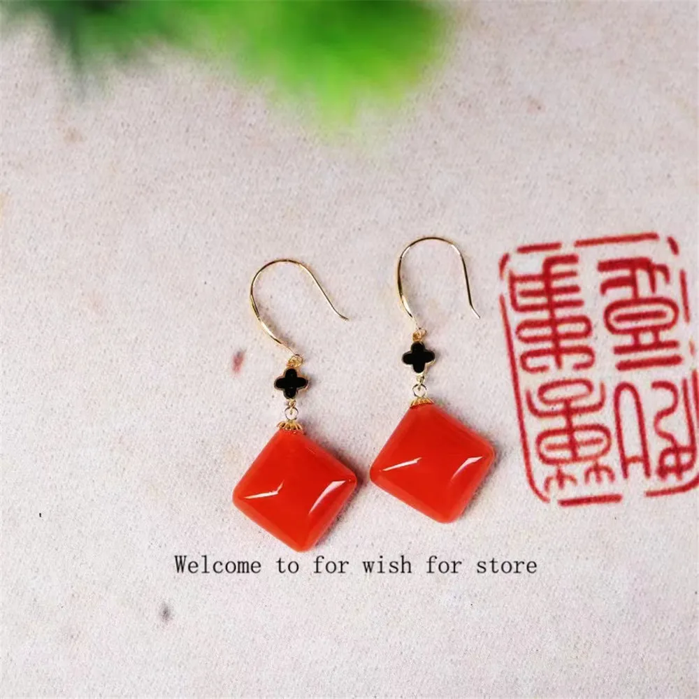 Diamond-Shaped Earrings Natural Sichuan South Red Colorful Red Chili Four-Leaf Clover Ear Hook High-End Gifts