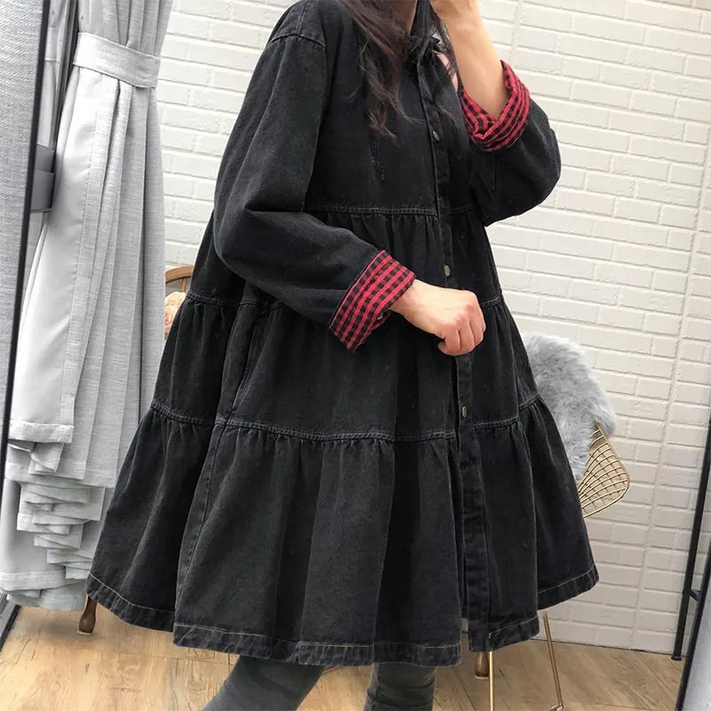 Temperament spring and autumn new Korean Mid-Length denim trench coat women loose Contrast color Windbreaker coat female R559