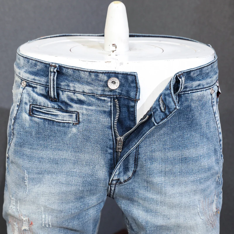 Fashion Vintage Men Jeans High Quality Retro Light Blue Elastic Slim Fit Ripped Jeans Men Embroidery Designer Denim Pants Hombre