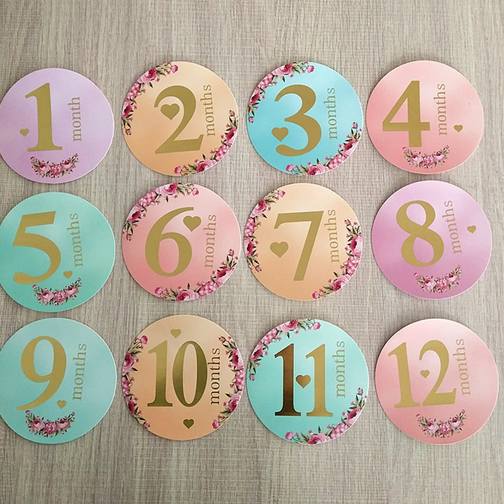 12 قطعة ملصقات معلم شهرية لتعقب نمو الطفل جولات لاصقة لدعائم التصوير الفوتوغرافي لحديثي الولادة تذكارات عطلة الرضع #4