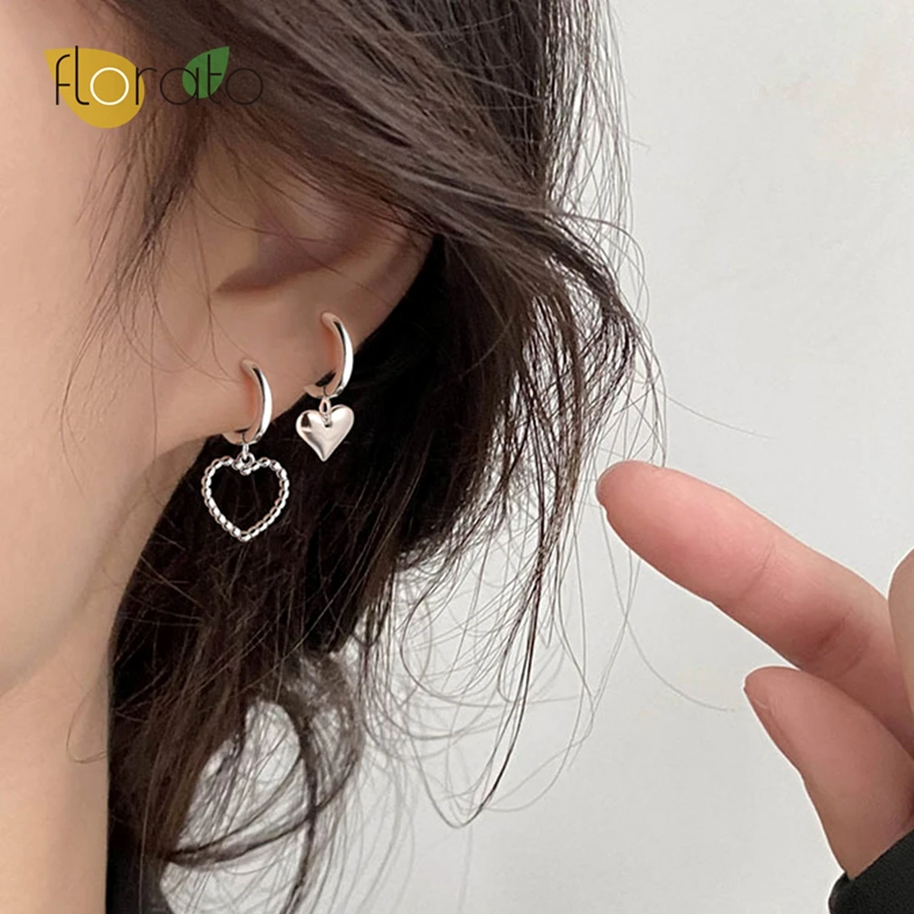 Pendientes de plata de ley 925 con forma de corazón para mujer, aretes asimétricos, minimalistas, vintage