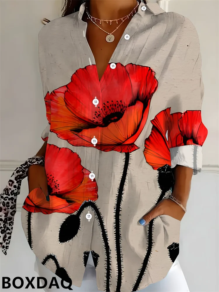 2026 New Fashion 3D Printed Long Sleeve Casual Shirt Women's Lapel Single Breasted Urban Style Floral Pattern Blouse Autumn