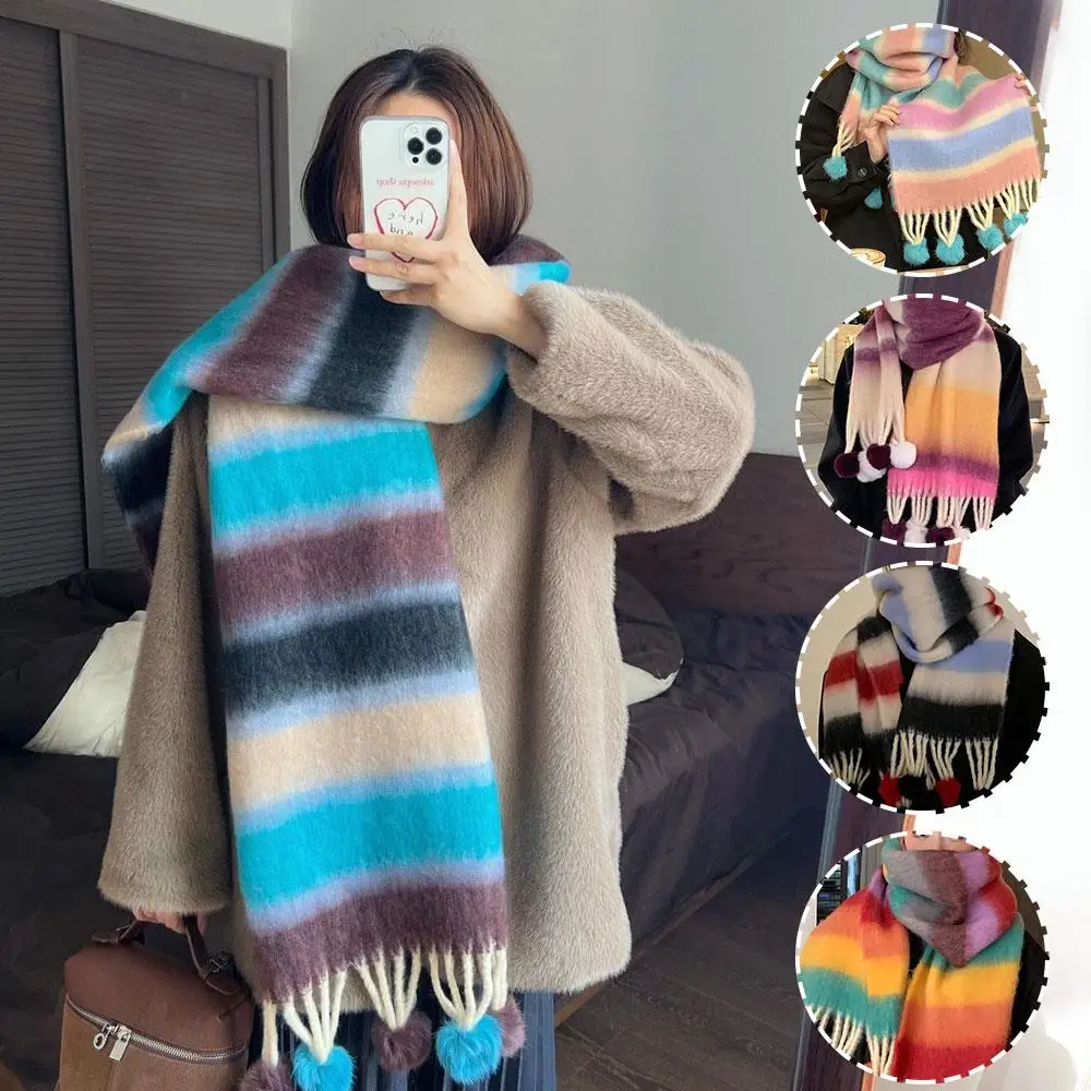 

1 х разноцветные полосатые шарфы с шариками волос, Радужный нечеткий шарф, клетчатый пушистый шарф, градиентный цвет, утолщенные плюшевые длинные роскошные шарфы