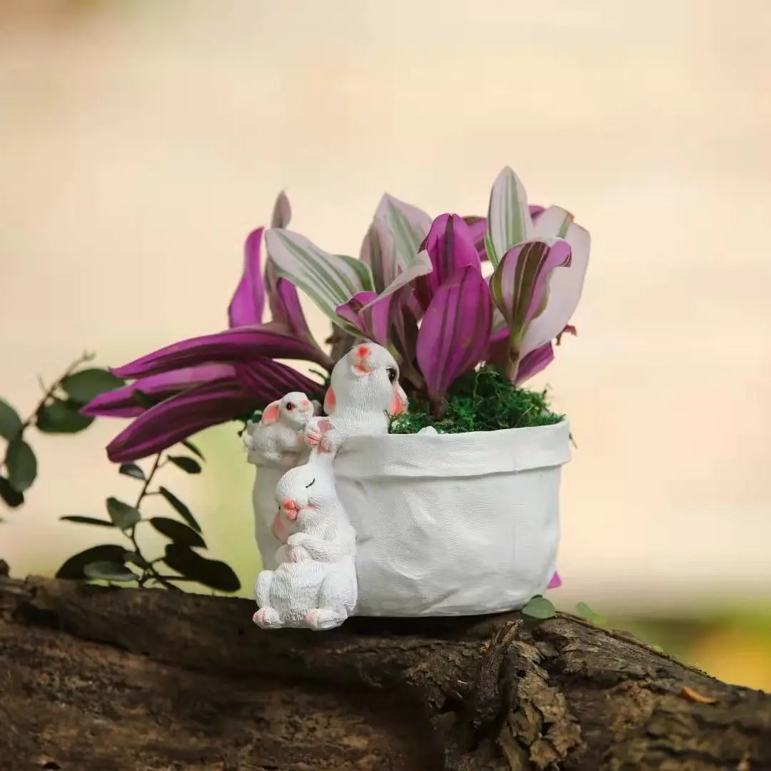 Pastoral Simulation Bunny Flowerpot Resin Accessories Courtyard Park Furnishing Crafts Garden Lawn Outdoor Figurines Decoration