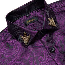 Brand Men's Purple Paisley Shirts Long Sleeve Business Formal Dress Button Shirt with Collar Pin Male Blouse Casual Tops DiBanGu