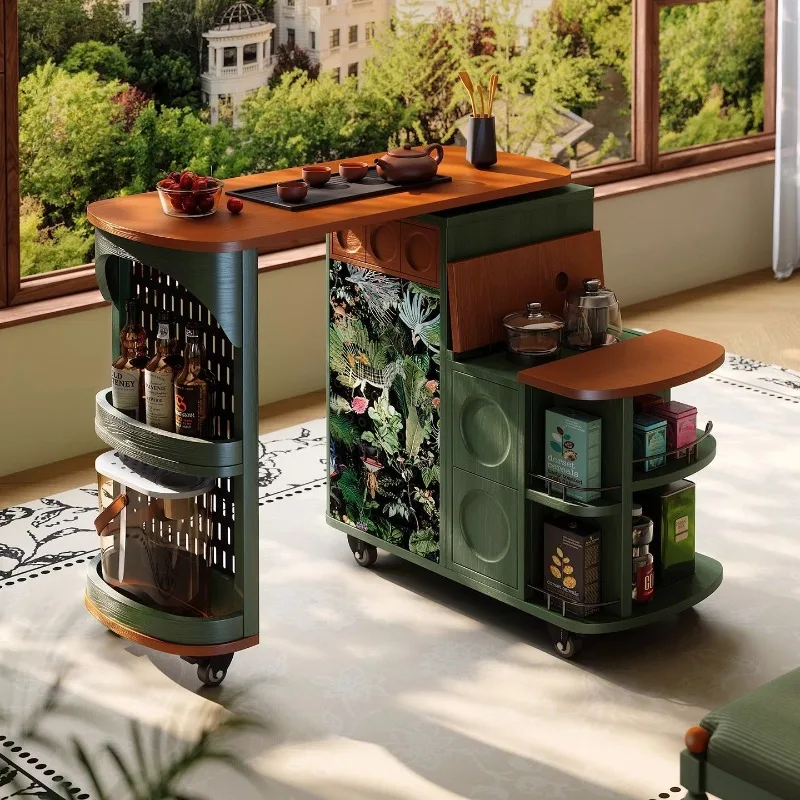 French retro movable tea table, medieval rotating tea table, solid wood mobile tea table side cabinet, universal wheel