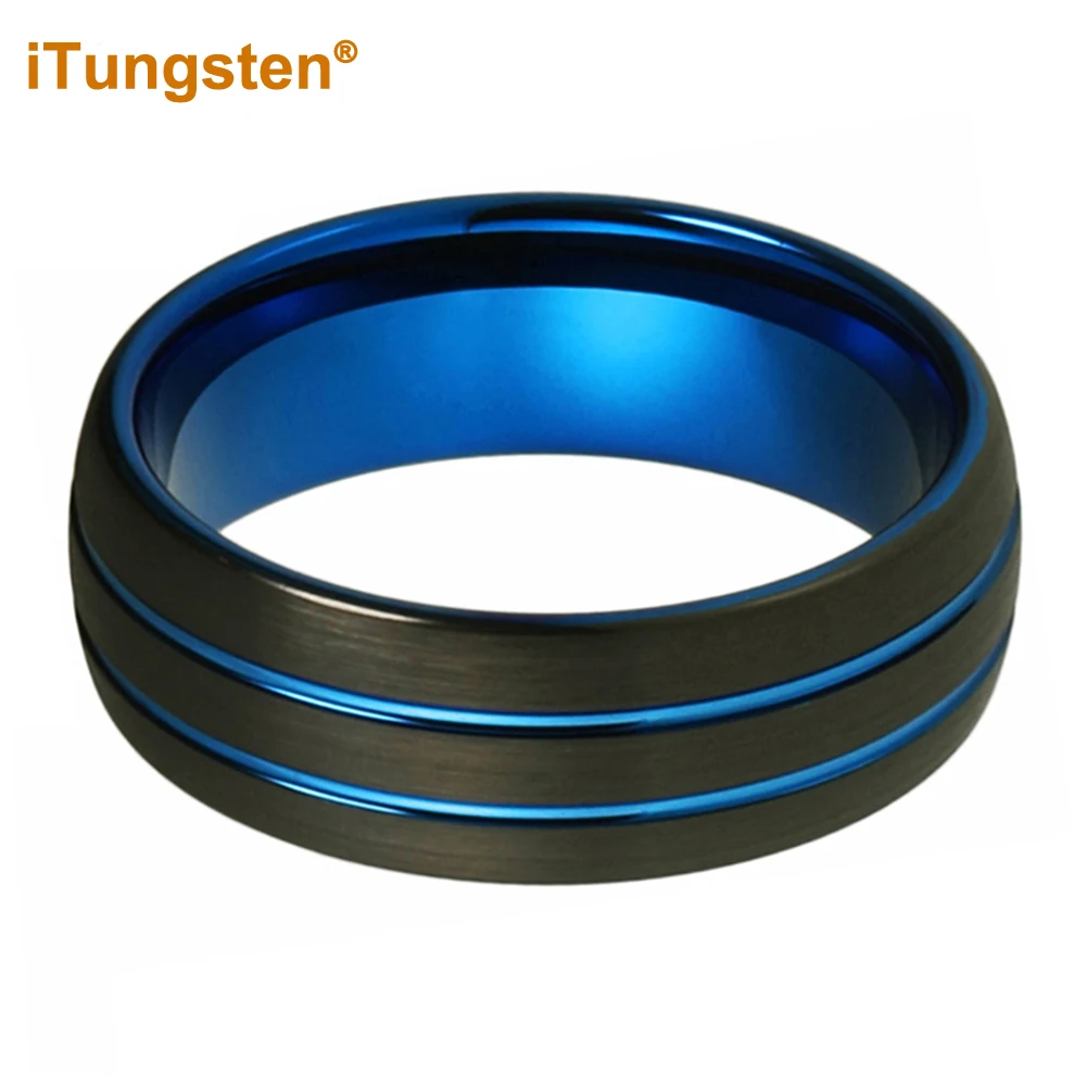 iTungsten 8mm Dropshipping Black Blue Tungsten Weding Band Ring For Men And Women Domed Grooved Brushed Finish Comfort Fit