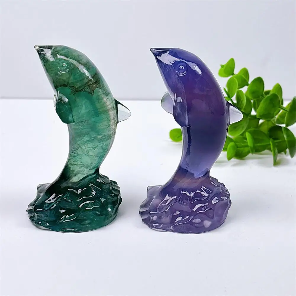 Natural Crystal Quartz Fluorite Dolphin Carving Polished Healing Animal Figurine Stress Relief Home Decor Craft Gift