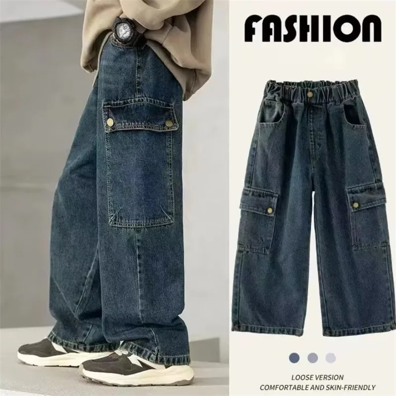 

Neutral Style Children High Waisted Jeans Boys Loose Casual Wide Leg Pants New European Children Denim Pant Autumn Pants