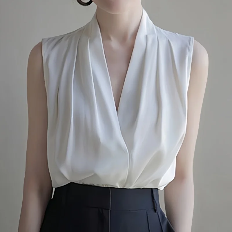 2025 New Summer Satin Tank Top Women's Blouses Sleeveless Solid Cross V-neck Casual Korean Elegant Vest Shirts for Womens