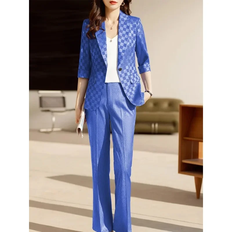 Blazer xadrez e calças femininas, conjunto formal de 2 peças para senhoras do escritório, roupa de negócios e trabalho feminina, preto azul e damasco, primavera e verão