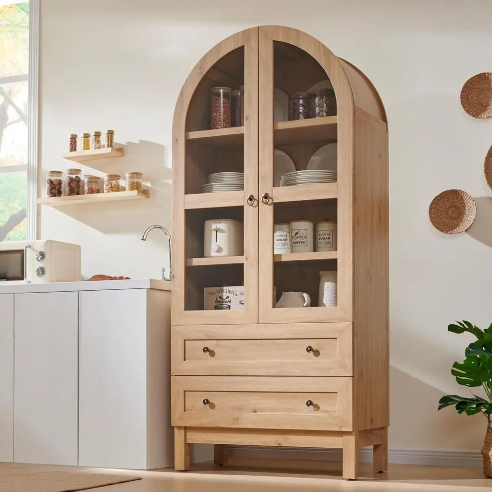71 High Arched Pantry Cabinet with 2 Drawers, Adjustable Shelves for Kitchen, Dining, or Bathroom, Natural Wood Finish