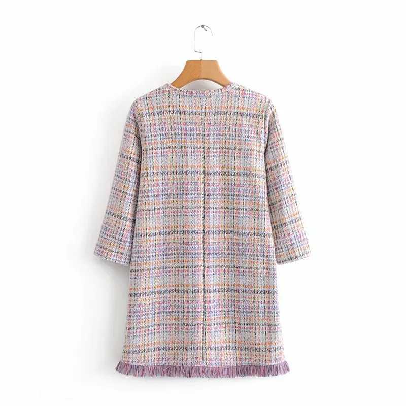 Women's 1 piece tassel embellished colorful plaid half sleeved dress 2024 new small fragrant style dress