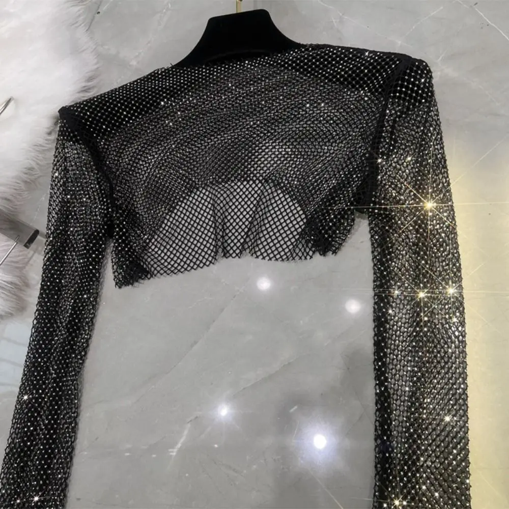 

Новая красочная блузка с коротким рукавом и круглым вырезом, украшенная стразами, сетчатая, с защитой от солнца, летняя