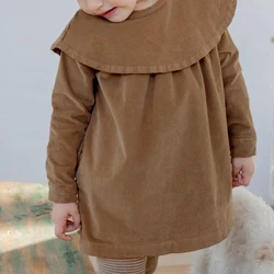 100% Cotton Corduroy Retro Autumn Girls Dress 2024 New Children's Big Doll Collar Back Buttons Loose Long-Sleeved Dresses