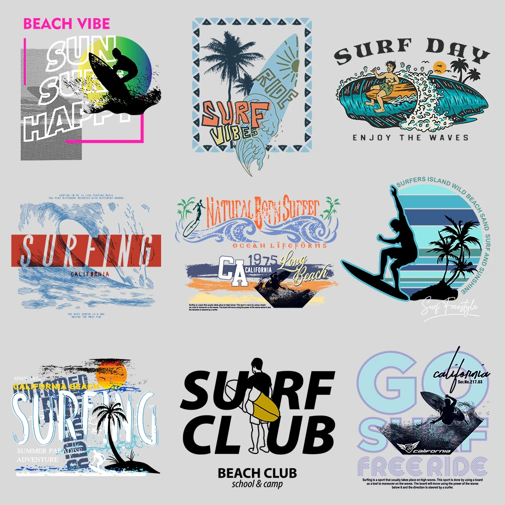 Surfing Design Patches Heat Transfers For Clothes Trendy Cool Iron on Transfers on Man Clothing Washable DTF Vinyl Stickers DIY
