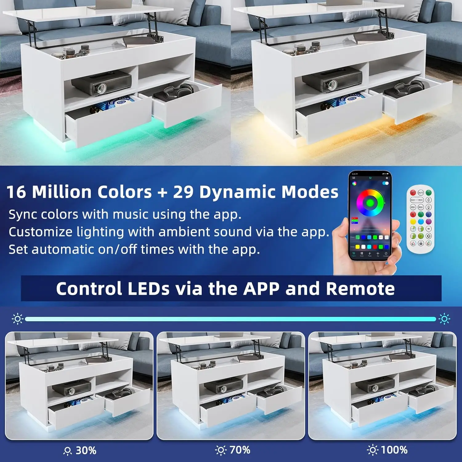 LEDコーヒーテーブル,リフトトップ,隠しコンパートメント,引き出し2つ,オープンシェルフ2つ,光沢のある白,モダンな収納