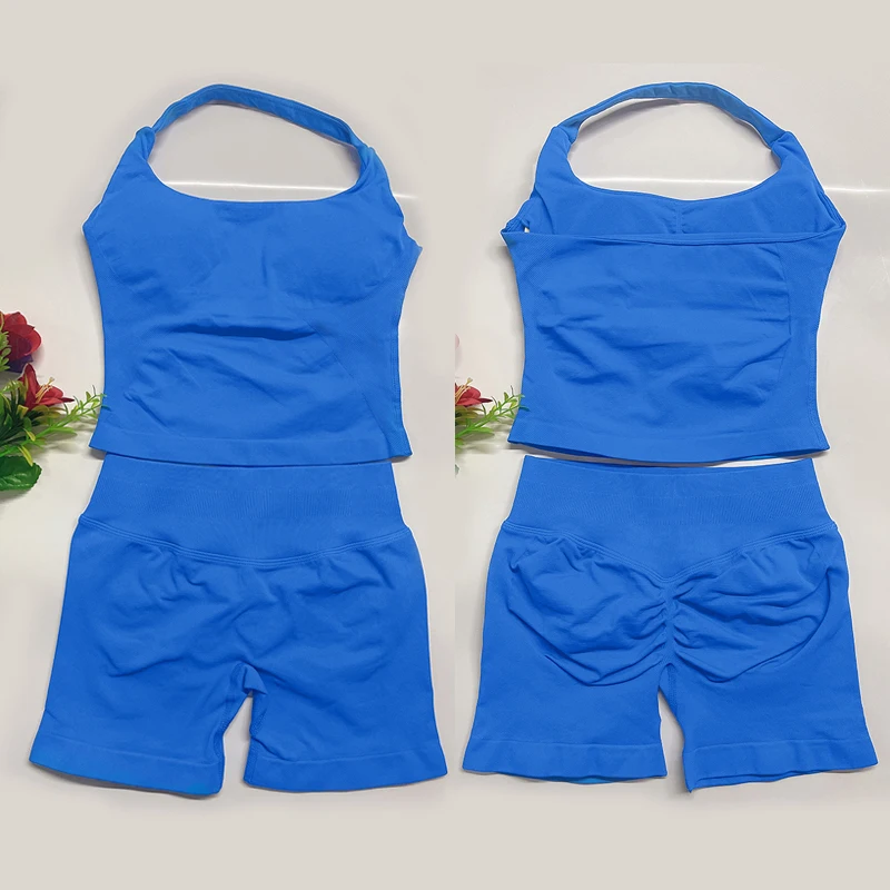 ชุดโยคะสองชิ้นสำหรับผู้หญิง เสื้อโยคะแบบผูกคอและกางเกงขาสั้นออกกำลังกาย 4.5 นิ้ว ชุดออกกำลังกายในยิม ชุดพิลาทิส