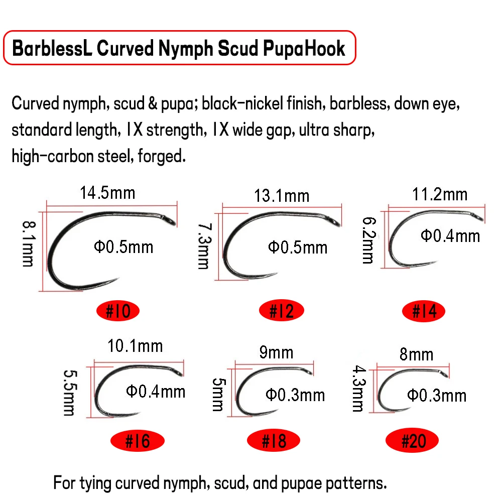 WIFREO 30PCS Black Nickle Barbless Fly Fishing Hooks Fly hook High-carbon Steel Fly Tying Nymph Scud Pupa Hook