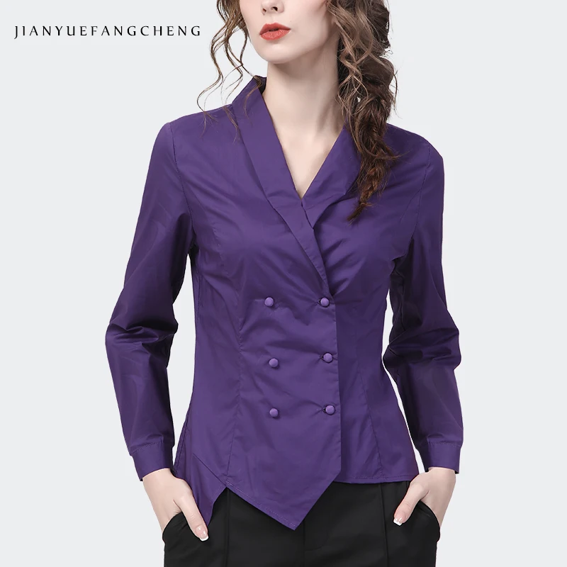 100% Cotton Long Sleeve Solid Color V-Neck Women Shirt Elegant Slim Fit Double-breasted Tops Fashion Office Lady Working Blouse