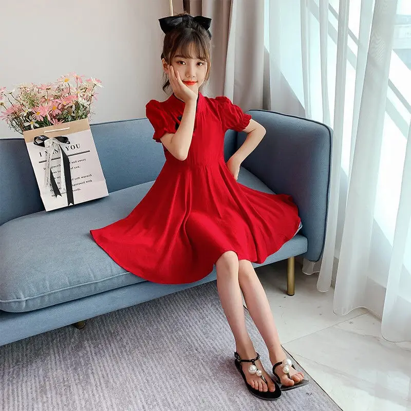 Cheongsam para meninas de verão, vestidos infantis, princesa adolescente, roupas de ano novo, Qipao monocromático vermelho chinês, 4 7 8 9 10 12 14