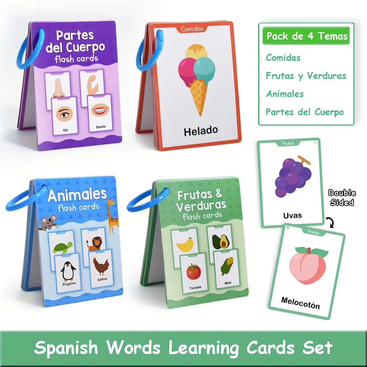 Tarjetas didácticas de aprendizaje de vocabulario de 4 temas en español, materiales educativos para material didáctico de aprendizaje de idiomas en preescolar y jardín de infantes