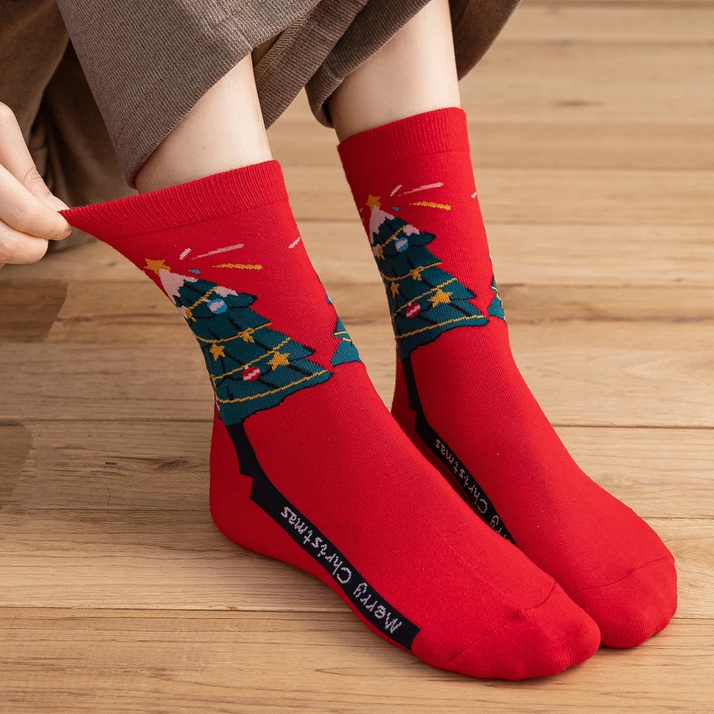 5 paia di calzini natalizi da donna Cartoon Cute Sweet Crew Socks calzini da donna autunno inverno babbo natale stampa dell\'albero di natale